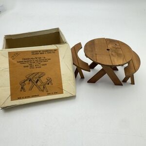 Vintage Reevesline Salesman Sample Patio Round Table 2 Chair Hardwood Dollhouse